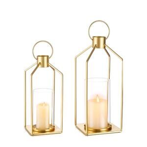 Gold Lanterns Decorative Indoor: Set of 2 Lanterns with Glass for Table...